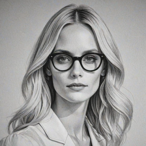 Splendid Poppy Delevingne, pencil sketch, portrait of Comely woman 1967s in glasses, hair style beatnik, outline, clear lines, fine lines, 8k