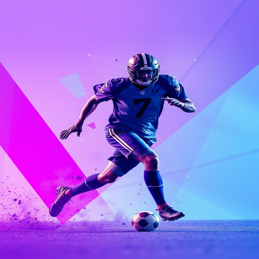 Create an abstract digital art piece featuring a football player in dynamic motion, incorporating vibrant purple and blue color gradients, with sharp geometric shapes and a network of connecting lines, captured with a Canon EOS R5, 35mm lens, f/1.8 aperture, ISO 400, shot from a slightly low angle to emphasize the action.