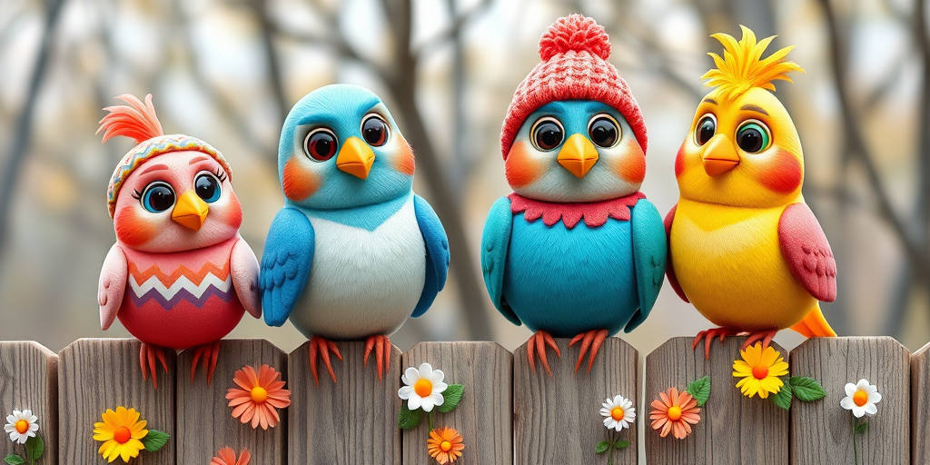 create a scene of 4 quirky  whimsical colourful comical birds each with a funny expression. they are sat on a wooden fence with colourful flowers. they are all different sizes. each one is a different colour  one is wearing a woolly hat. Each one has a different quirky google expression and there is a muted background of trees watercolour paintierly style high definition 8k resolution 3D paper mache