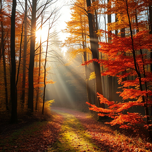 autumn forest path with golden sunlight filtering through the trees, vibrant foliage in shades of orange and red, soft fog enhancing the ambiance, shot with a Canon EOS R5, 24mm lens, aperture f/8, shutter speed 1/60, ISO 200, natural light, capturing a serene landscape scene