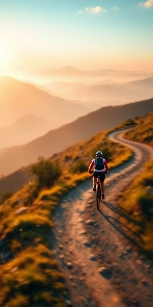 Blurry action shot of a cyclist navigating a winding mountain trail at sunrise, soft golden light casting long shadows, with distant peaks barely visible through the morning mist.