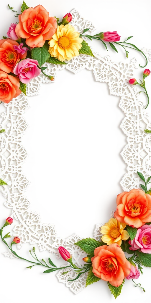 floral decorative frame with lace design, vibrant colors, intricate details, shot with a Canon EOS R5, 35mm lens, f/2.8 aperture, 1/125s shutter speed, natural lighting, focus on the center, high-resolution quality, vivid color profile