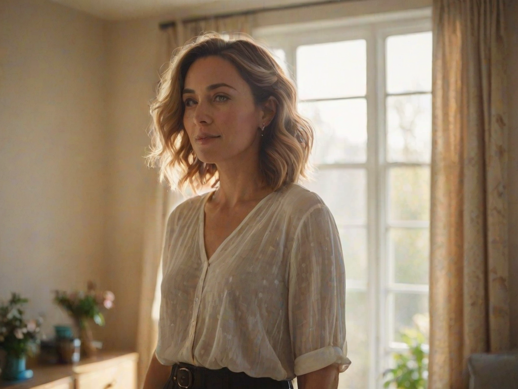 Soft-focus image of a woman in her 30s, standing by a window in a beautifully decorated living room, gazing outside, sunlight creating a halo effect around her hair.