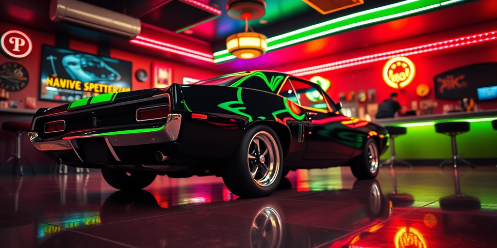 Capture a sleek black 1960s muscle car with neon green stripes in a vibrant retro nightclub, low-angle shot, f/2.8 aperture, ISO 400, 24mm lens, use a DSLR for enhanced clarity and depth of field, emphasize the reflections on the polished floor and neon lights in the background.