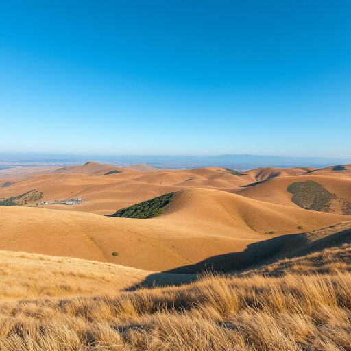 Create a high-resolution image of a serene landscape featuring rolling hills under a clear blue sky, captured with a Canon EOS R5, 35mm lens, f/8 aperture, ISO 100, in soft natural light, wide-angle view.