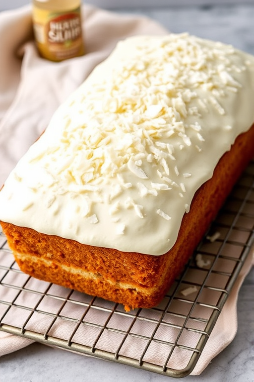 A beautifully decorated coconut loaf cake with a fluffy white frosting topped with shredded coconut on a wire rack with a light beige cloth and a small bottle of flavoring in the background.
