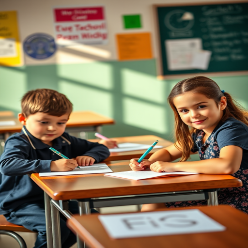 Create an image of three children sitting at school desks, two boys and one girl, engaging in writing, with natural lighting, using a DSLR camera, 50mm lens, f/2.8 aperture, ISO 100, in a classroom setting, emphasizing vibrant colors and sharp details.