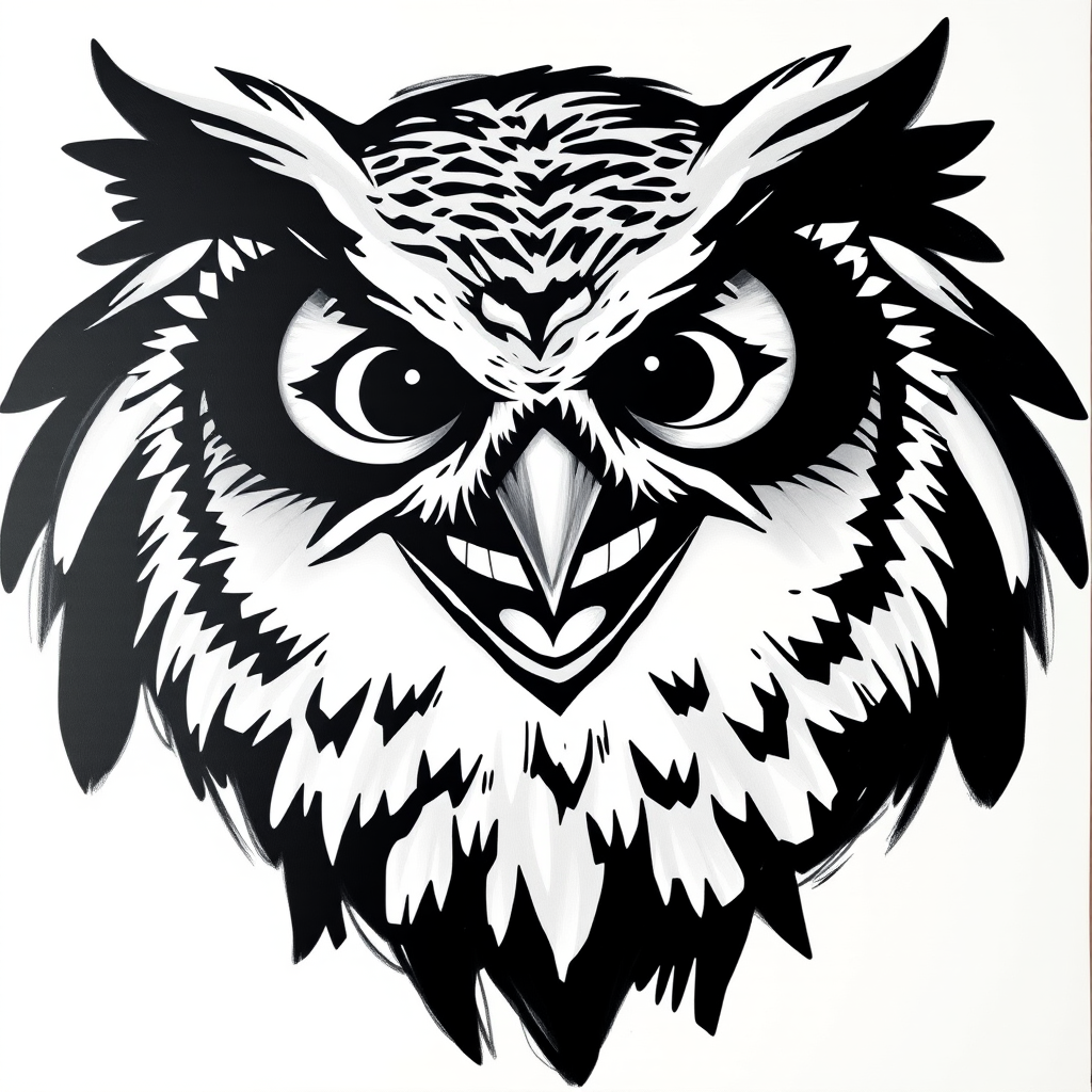 Abstract black and white acrylic portrait of an over exaggerated laughing (owl). Minimalism style. White background.