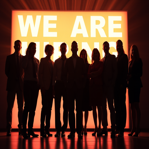 silhouettes of diverse business professionals standing in front of a glowing "WE ARE HIRING" sign, background with light rays, shot with a DSLR camera using a 50mm lens, aperture f/1.8, ISO 100, at a low angle for dramatic effect, vibrant colors for emphasis