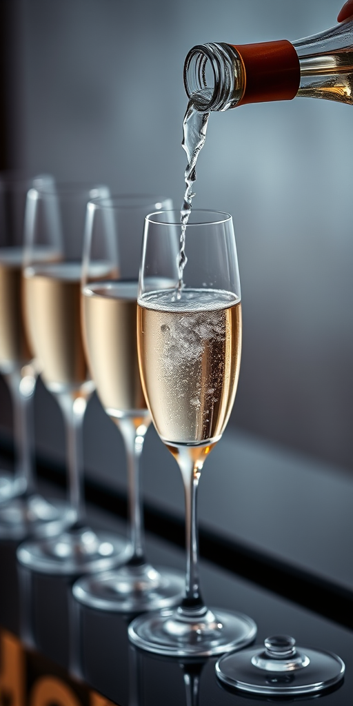 A row of elegant champagne glasses with a bottle pouring sparkling water into one glass, soft focus background, high dynamic range, aperture f/2.8, ISO 100, 50mm lens, top-down view.