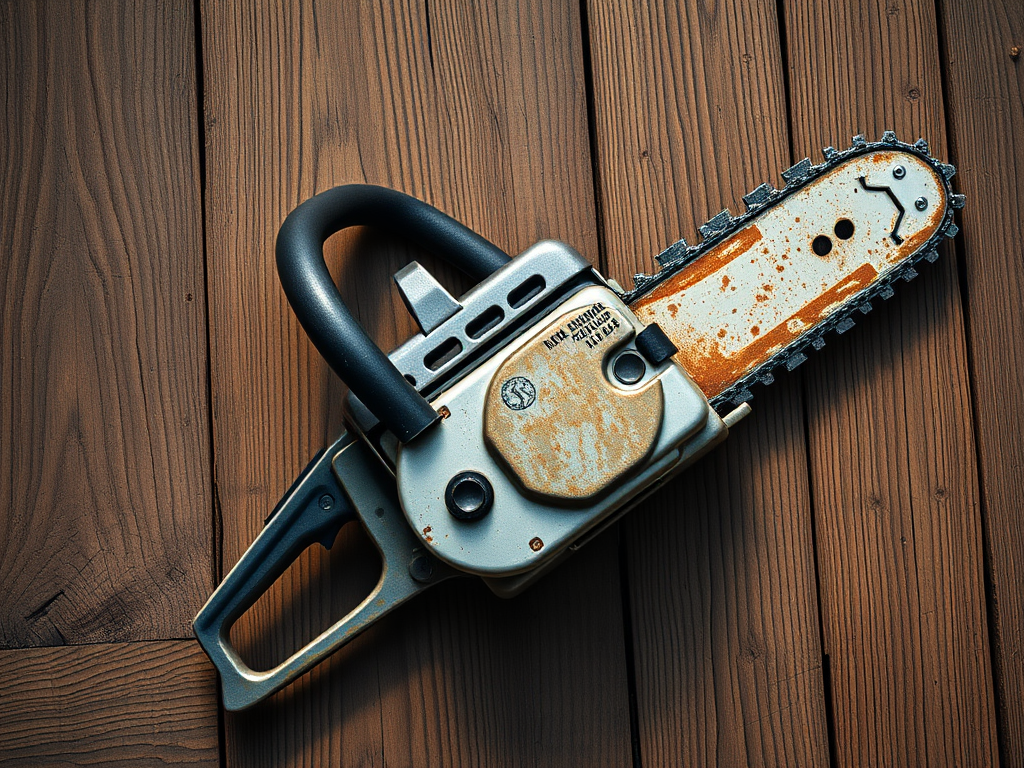 a detailed illustration of a chainsaw lying on a wooden surface, with intricate textures on the blade and body, high resolution, 50mm lens, f/2.8 aperture, ISO 100, natural lighting, taken from a top-down view using a DSLR camera