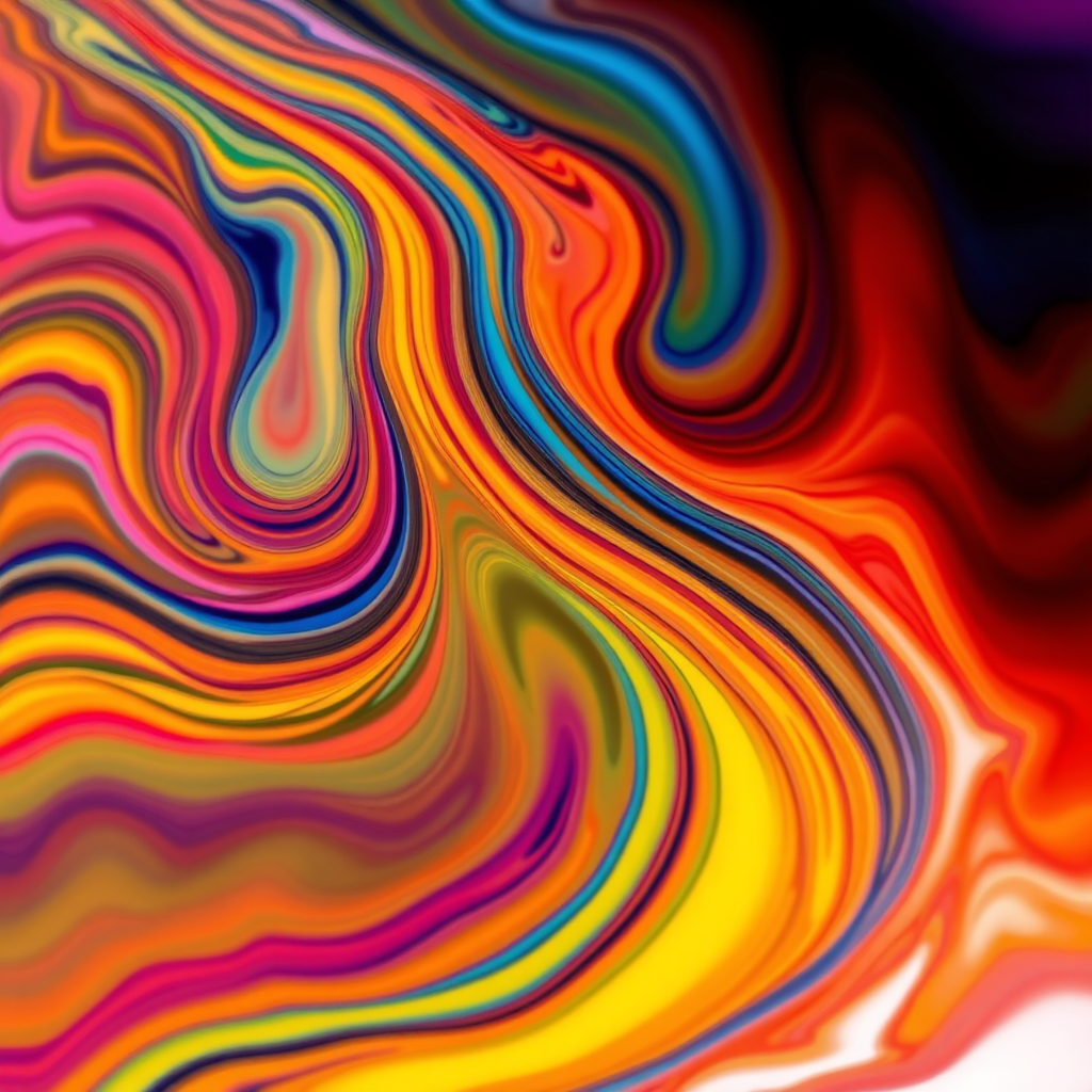 Create a vibrant abstract design featuring swirling colors in a fluid pattern, shot using a Canon EOS R5, aperture f/2.8, shutter speed 1/60s, ISO 100, with a close-up view and a soft focus background to enhance the colors.