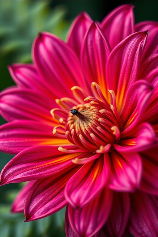 Create an illustration of a stylized flower with vibrant colors and intricate details, shot with a Canon EOS 5D Mark IV, 50mm f/1.8 lens, aperture set to f/2.8, ISO 100, in a macro view to emphasize texture and depth.
