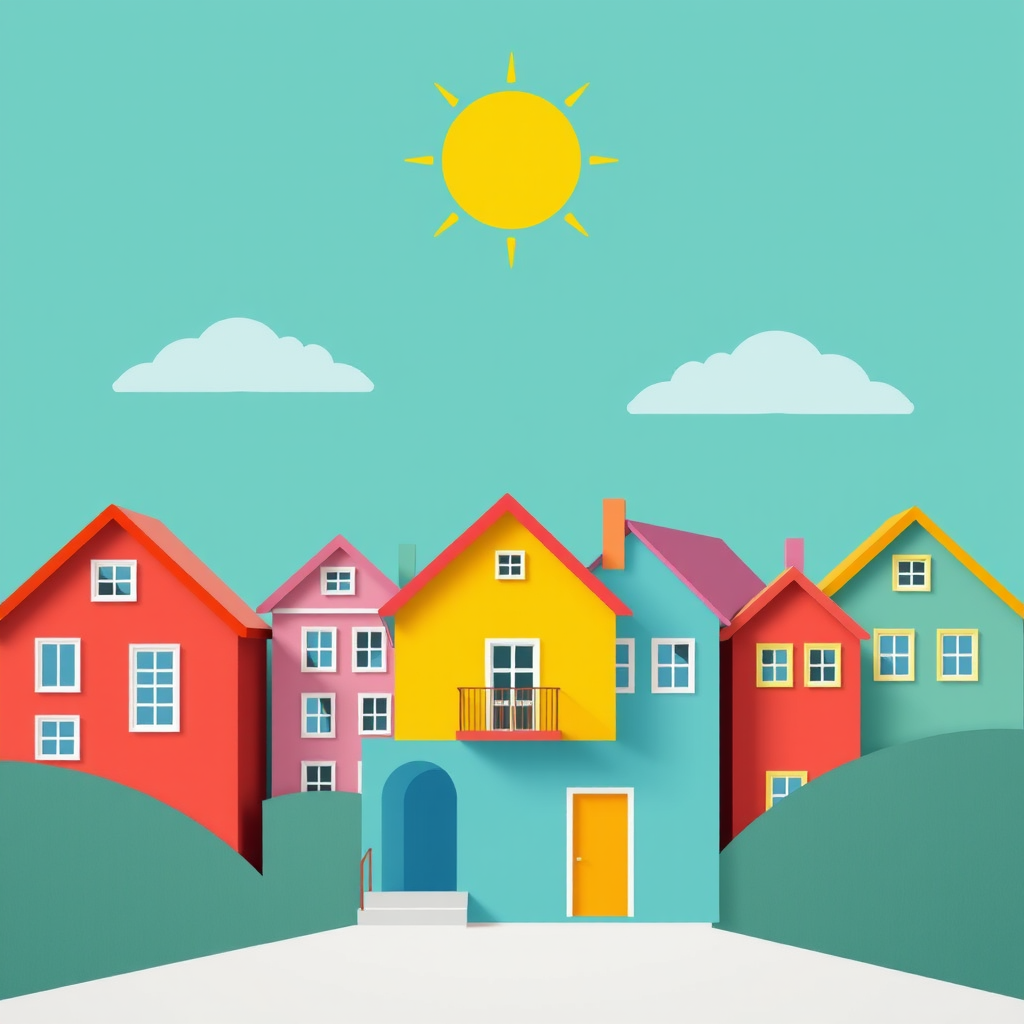 Create a vibrant digital illustration of colorful houses against a solid teal background, emphasizing geometric shapes and a stylized sun with a pastel color palette, captured with a Canon EOS R5, 24-70mm lens, f/11, ISO 100, soft focus view for enhanced detail and clarity.