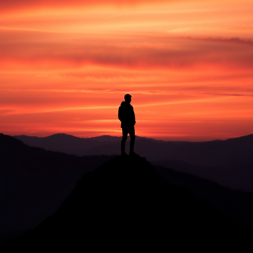 Create a high-resolution black silhouette of a person standing on a mountain peak at sunset, with vibrant orange and pink sky, using a DSLR camera at f/8 aperture, ISO 100, 1/200 sec shutter speed, taken from a slightly elevated angle to capture the landscape and silhouette details.