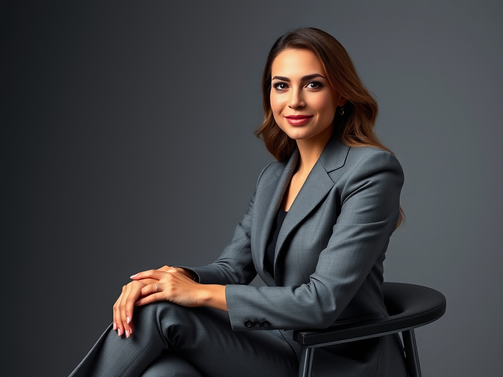 Generate an image of a woman in a sleek gray business suit sitting on a chair with a confident expression, using a Canon EOS 5D Mark IV with a 50mm lens at f/1.8, 1/200s shutter speed, in soft studio lighting for enhanced detail and clarity.