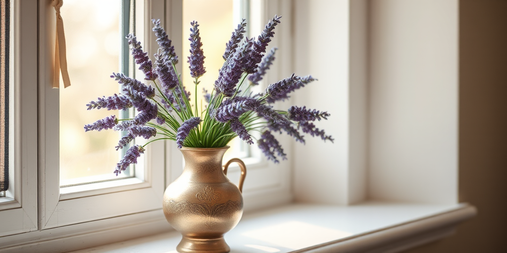 Create a serene still life of a bouquet of lavender in an ornate vase on a windowsill, with soft natural light illuminating the scene, detailed textures in the flowers and vase, shot with a DSLR camera at f/2.8 aperture, ISO 100, 50mm lens, and a warm, soft-focus style.