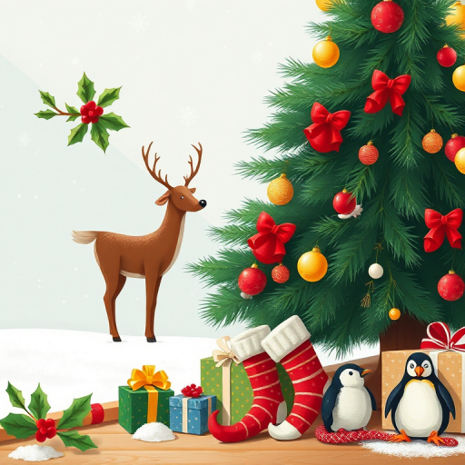 Create a festive holiday-themed illustration featuring a Christmas tree, holly with berries, a reindeer, birds in winter attire, Christmas stockings, a gift box, a penguin, and elf shoes, captured with a DSLR camera at f/2.8, ISO 100, 50mm lens, in soft natural light for a warm, inviting look.