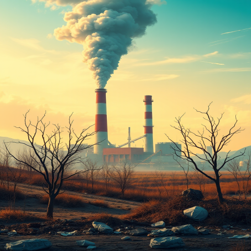 create a digital illustration of an industrial landscape showcasing pollution effects with a focus on a smokestack emitting smoke, barren trees, and waste materials, using vibrant colors and clear details, 50mm lens, f/8 aperture, ISO 200, slight vignette for mood enhancement, shot with a high-resolution DSLR camera