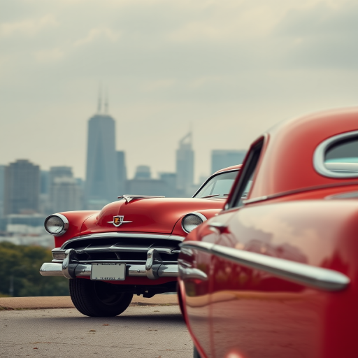 vintage red car in front of a city skyline, high resolution, 50mm lens, f/1.8 aperture, ISO 100, shot from a low angle, wide shot, digital camera