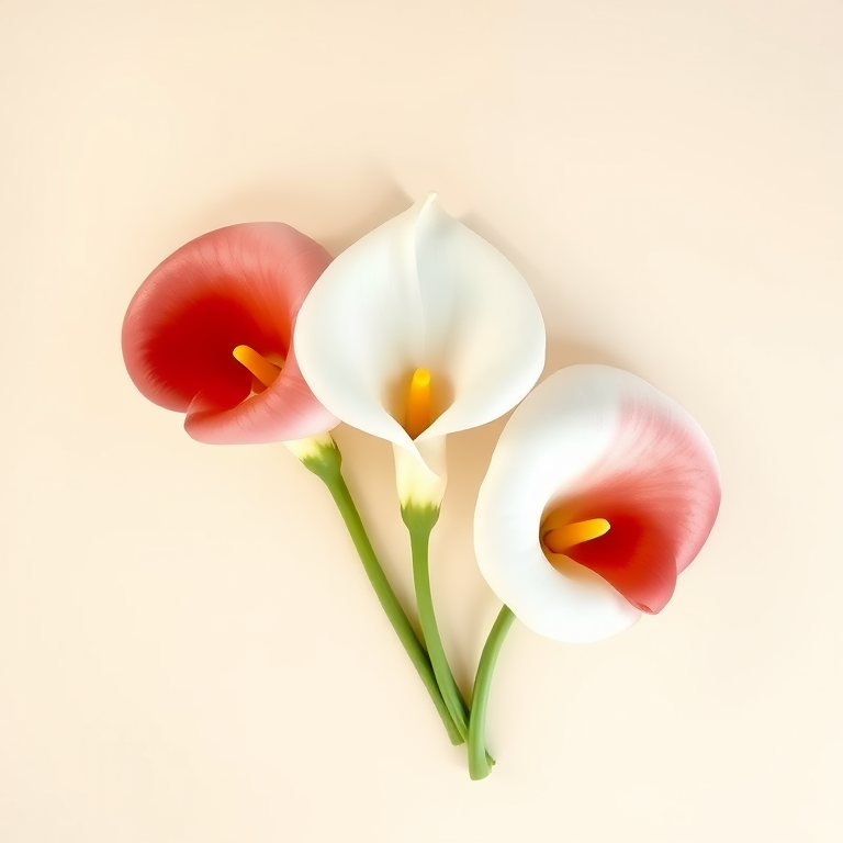 Regenerate a digital illustration of three calla lilies with a smooth gradient background, using a 50mm lens, f/2.8 aperture, ISO 100, natural lighting, shot from a slight overhead angle, in a flat lay style with a high-resolution finish.