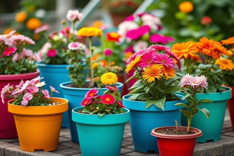 A vibrant garden scene featuring colorful flower pots in various sizes filled with blooming flowers, taken with a Canon EOS R5 at f/2.8, ISO 100, 1/200s, in natural light with a shallow depth of field for a dreamy effect and soft bokeh in the background.