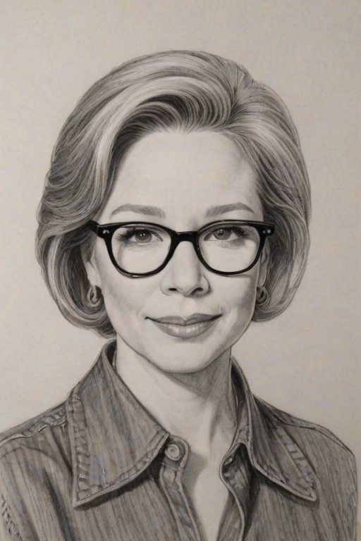 Comely Debra Jo Rupp, pencil sketch, portrait of Captivating woman 1971s in glasses, hair style beatnik, outline, clear lines, fine lines, 8k