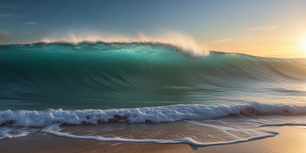 Majestic Ocean Wave Crashing on the Shore During a Beautiful Sunset