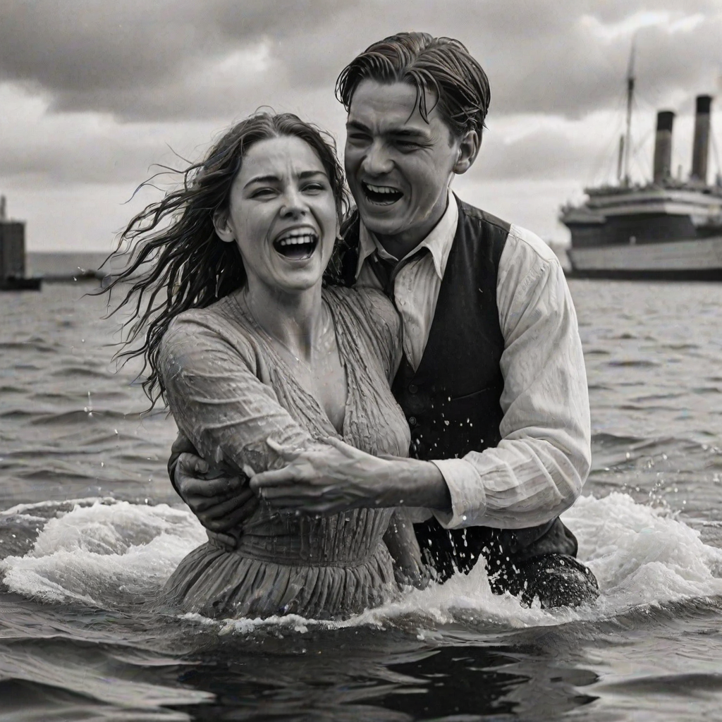 A hyperdetailed photorealistic black and white pencil sketch recreating the iconic scene at the end of Titanic with Jack and Rose floating in the water, only show them making exaggerated funny faces at the camera. Show Rose spitting water at the camera.