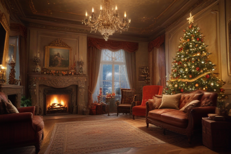 Cozy Christmas Living Room Decorated with a Beautiful Tree and Fireplace