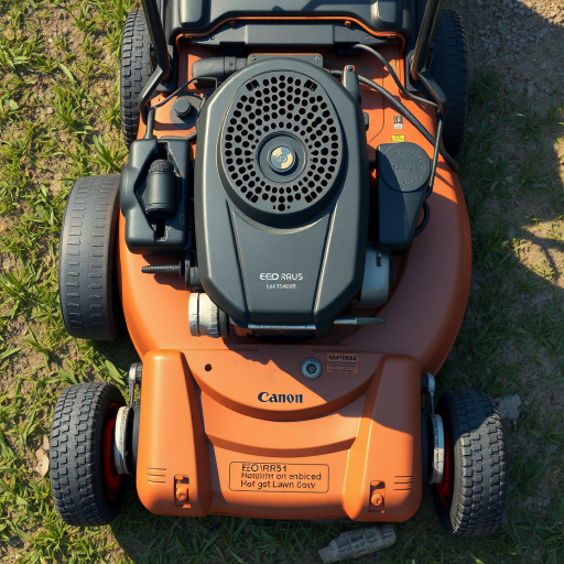 Create a highly detailed illustration of a lawn mower in a realistic style with a focus on mechanical parts and design, using a Canon EOS R5 camera set to f/8, 1/125s, ISO 100, an overhead view in natural lighting to enhance shadow and texture.