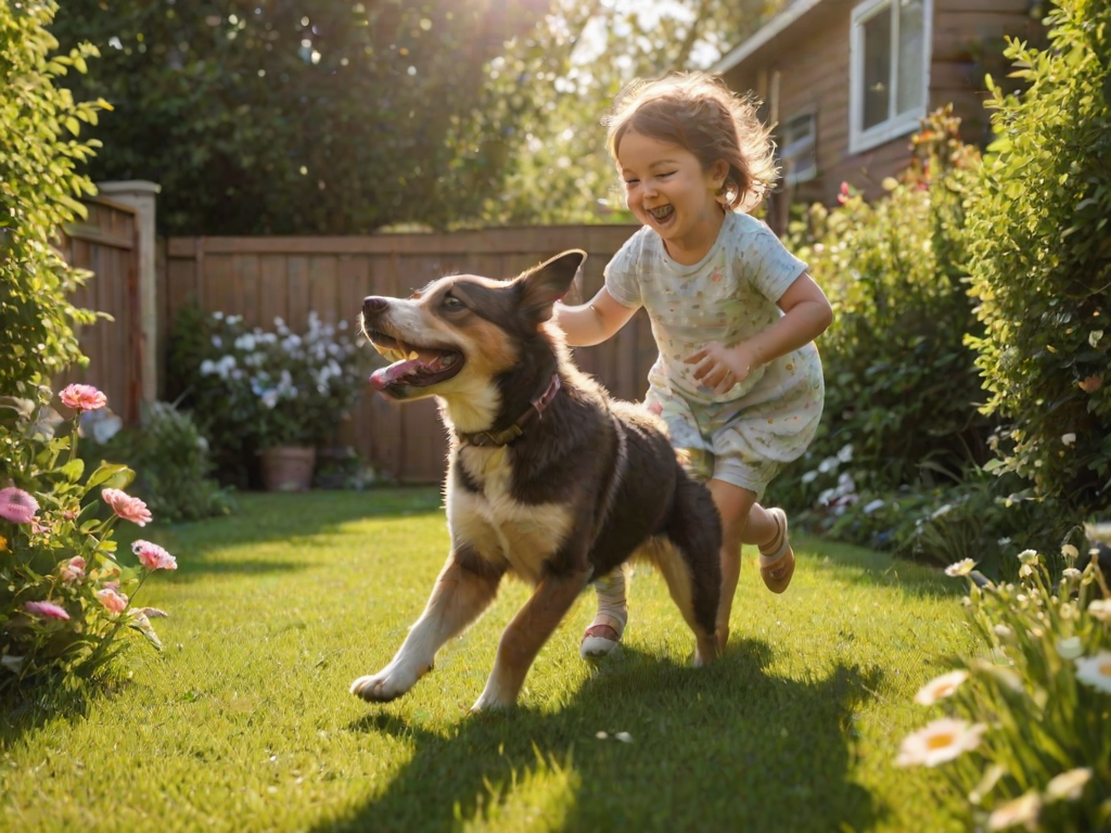 Warmly lit image of a child playing with a dog in a sunlit backyard, both mid-chase, laughter visible on the child's face, a burst of energy captured in the moment, flowers blooming along the garden's edge, the smell of fresh-cut grass filling the air.