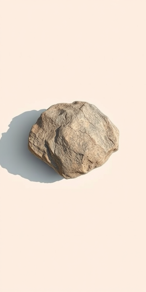 regenerate a detailed illustration of a textured rock on a plain background with soft lighting, using a Canon EOS R5, 50mm lens, f/2.8 aperture, ISO 100, image format RAW, focus on capturing shadows and highlights for a three-dimensional effect.