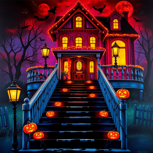 airbrushed oil painting, halloween theme, a haunted house, stairs, highly decorated, illuminated, lanterns, jack o'lantern, bats, webcobs