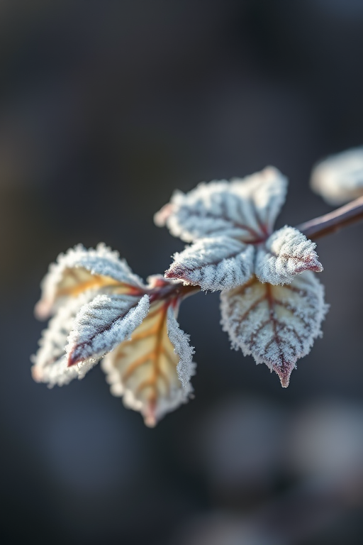 frost-covered leaves on a branch, shallow depth of field, soft natural lighting, ISO 200, f/2.8, 1/200s, macro lens, DSLR, focus on the texture of the frost