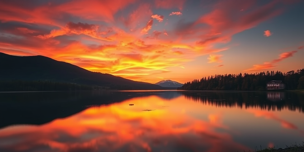Generate a high-resolution image of a peaceful landscape during sunset, with vibrant colors in the sky reflecting on a calm lake, captured with a DSLR camera at f/2.8 aperture, ISO 200, 1/200 sec shutter speed, using a wide-angle lens from a slightly elevated viewpoint for a panoramic effect.