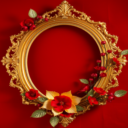 Create a high-resolution image of a golden decorative frame adorned with red and gold flowers and berries on a rich red background, shot with a Canon EOS R5, 50mm lens, aperture f/1.8, ISO 100, and soft natural lighting to enhance depth and detail.