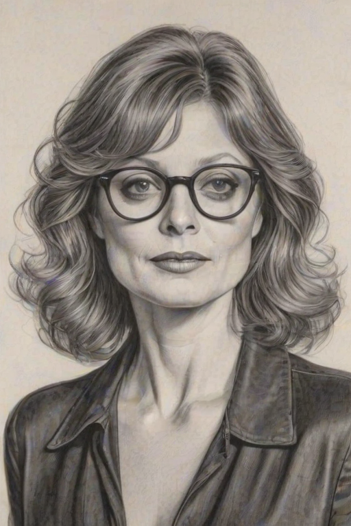 Fetching Susan Sarandon, pencil sketch, portrait of Enticing woman 1974s in glasses, hair style beatnik, outline, clear lines, fine lines, 8k