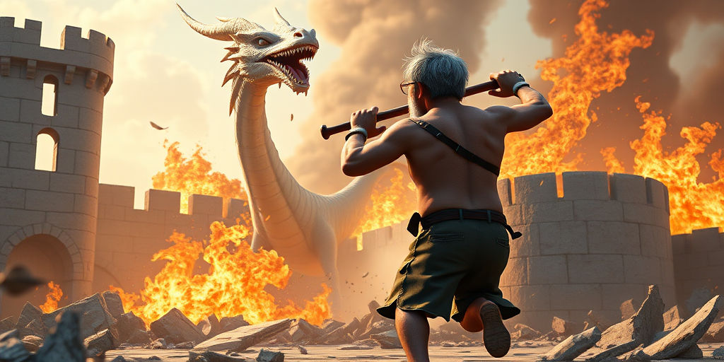 Cartoon 3D High-Resolution,dynamic battle scene using Unreal Engine 5 and Octane Render. The scene features back of an elderly, thai man with a beard,messy hair and round golden-rimmed glasses. He is wearing a tattered tank top with soot marks, shorts, and sandals. sweating. he wields a baseball bat. He jump to fight with a white fire-breathing Europe dragon amidst a partially destroyed stone castle. Include intense flames, smoke, and debris to enhance the dramatic effect.