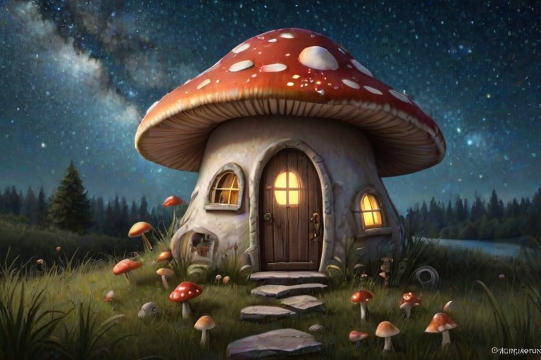 this image is illustration of a mushroom house with a door and a window, a storybook , fantasy art, mushroom house, bg starry sky, sparkles