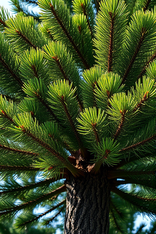 Create a highly detailed illustration of a pine tree with rich green hues and textured bark, using a DSLR camera with a 50mm lens at f/2.8 for a shallow depth of field, 1/200s shutter speed, ISO 100, captured from a low angle view to emphasize height, in a bright natural lighting setting to enhance color vibrancy.
