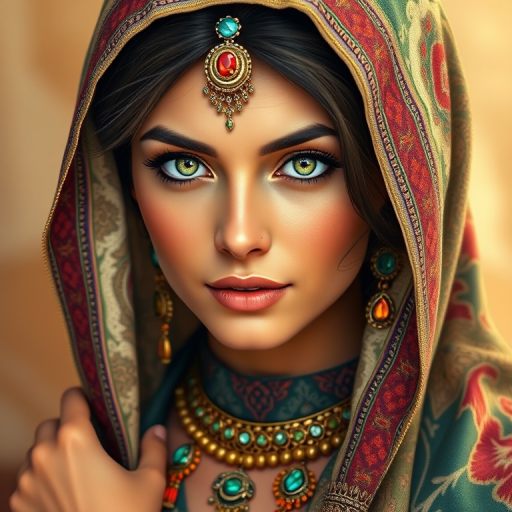 Create a portrait of a beautiful Arab woman with striking green eyes and a gentle expression. She is adorned in traditional attire with intricate patterns, including a richly embroidered headscarf and matching garments. Her jewelry includes a delicate headpiece, dangling earrings, and ornate bracelets, all featuring vibrant gemstones and detailed metalwork. The background is soft and warm, enhancing the rich colors of her outfit and jewelry.