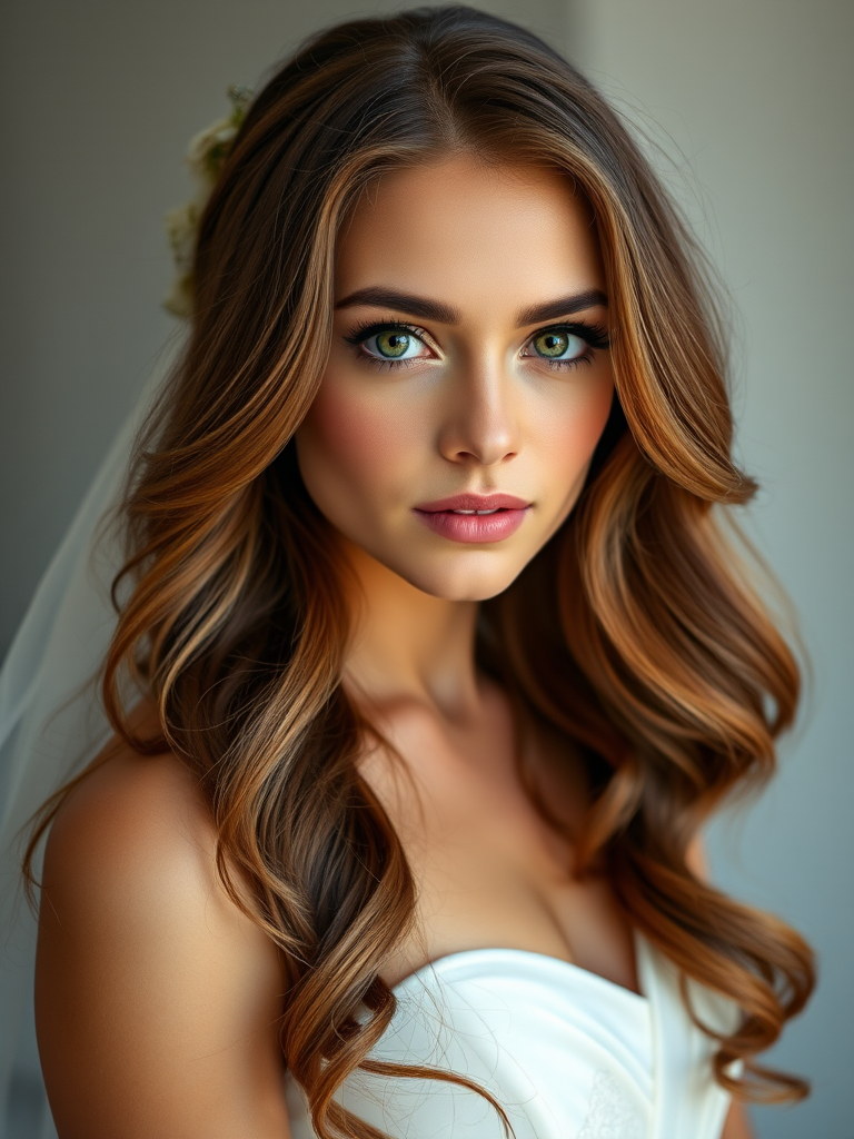Create a high-resolution portrait of a bride in a strapless wedding dress with flowing brown hair and striking green eyes, shot with a DSLR camera at f/2.8 aperture, 50mm lens, in portrait orientation, using soft natural lighting for an elegant and dreamy effect.