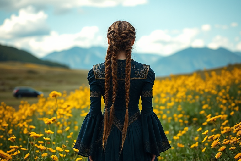 Regenerate a fantasy landscape image of a woman with long braided hair wearing a dark, ornate dress, standing in a vibrant meadow filled with yellow flowers and mountains in the background, soft focus, 50mm lens, f/2.8, ISO 100, natural lighting.