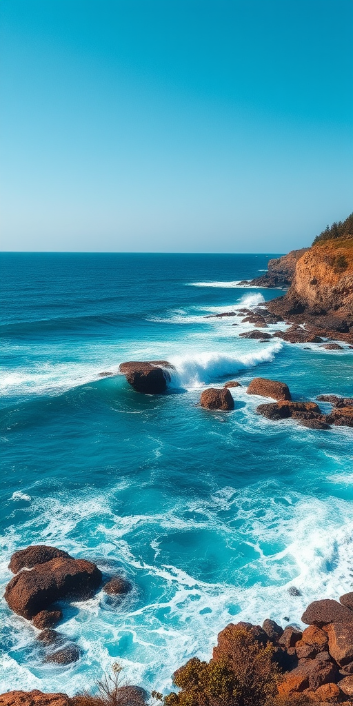 generate a coastal scene with vibrant blue waves crashing on a rocky shoreline under a clear sky