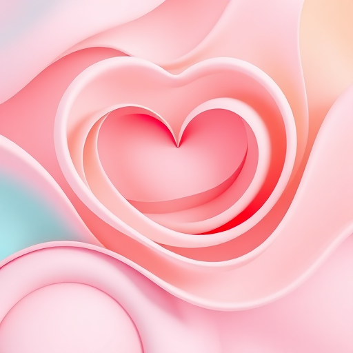 Create an abstract image featuring smooth, flowing lines in pastel shades of pink, orange, and aqua, emphasizing a heart-like shape at the center, captured with a high-resolution camera at f/8 aperture, 24mm focal length, in a soft-focus style, using a DSLR camera.