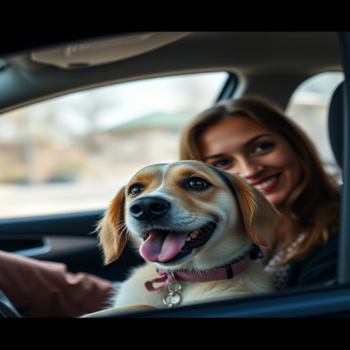 Capture a close-up shot of a woman and a dog inside a car, using a Canon EOS R5 at f/2.8 aperture, ISO 100, 1/500 sec shutter speed, with natural lighting and a slight shallow depth of field.