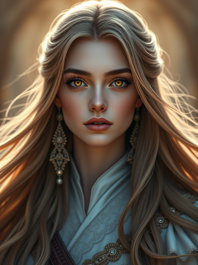 Create a highly detailed portrait of a female character with long flowing hair and striking golden eyes, adorned with elegant earrings, set against a softly glowing background, using a Canon EOS R5 camera with a 50mm f/1.2 lens, aperture set at f/1.2 for shallow depth of field, ISO 100 for image clarity, and soft lighting to enhance facial features.
