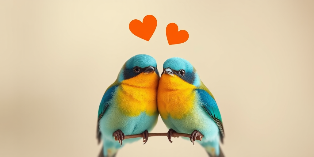 Create an image of two stylized birds perched closely together with vibrant turquoise bodies and simple heart shapes in orange above them, using a Canon EOS R5 camera with a 50mm f/1.2 lens, aperture set to f/2.8, ISO 100, and a shallow depth of field for a soft background effect, in a bright and cheerful minimalist style.