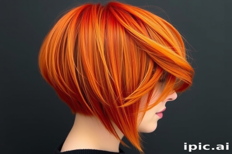 Fiery orange-red hair color in a sleek asymmetrical bob, Phoenix Flame cut, showcasing a sharp angle and vibrant hues reminiscent of burning embers